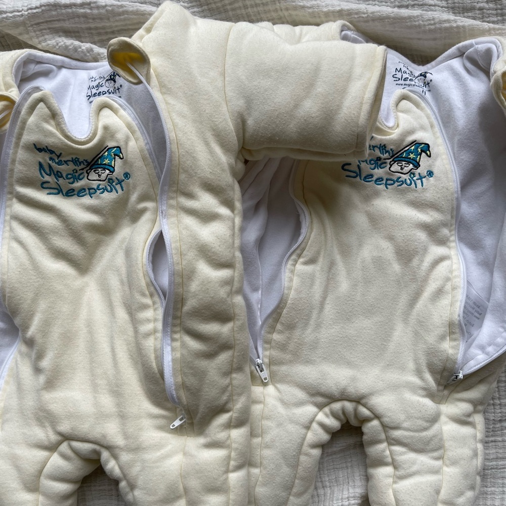 (2) Magic Sleep suits! Yellow, size small (3-6 months, 12-18lbs).